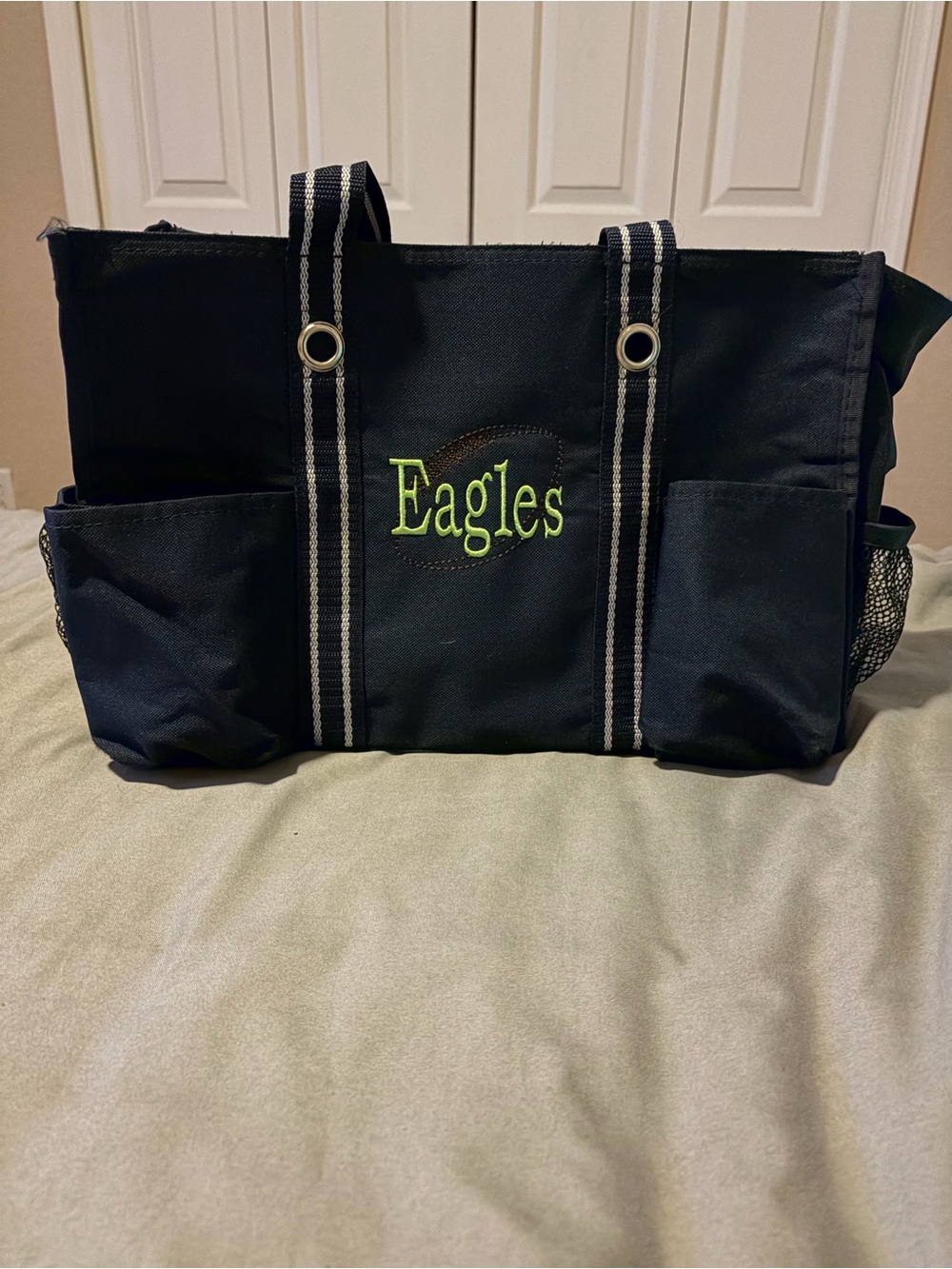 thirty-one Navy Tote with Neon Green Eagles Embroidery